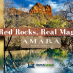 Red rock landscape and trees in Sedona, Arizona with Amara Resort & Spa branding banner