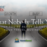Business professional standing at a crossroads between “growth” and “busy” signs, representing travel business decisions